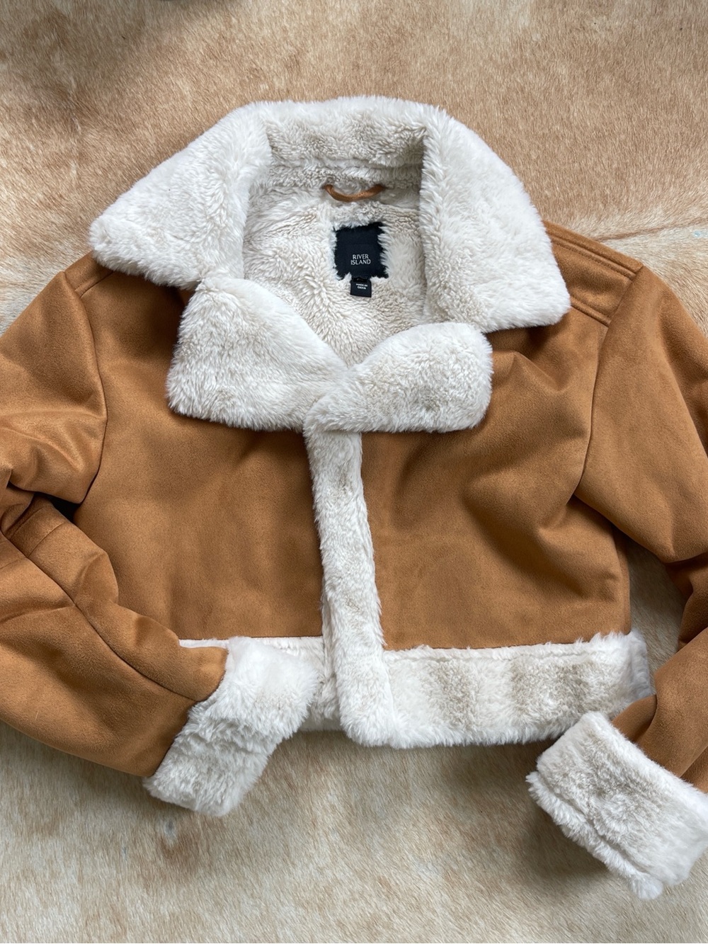 River Island Plush Faux Shearling Jacket in Cream and Camel Trim